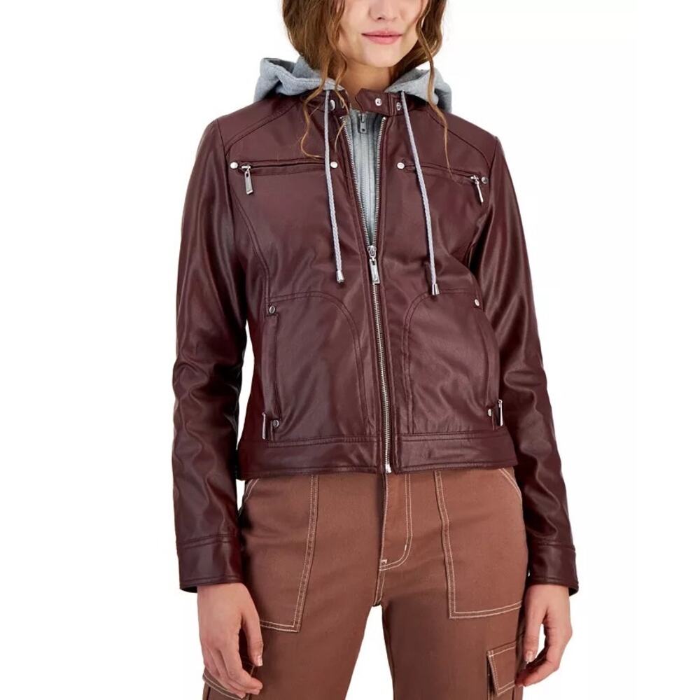 Juniors' Faux-Leather Hooded Moto Jacket